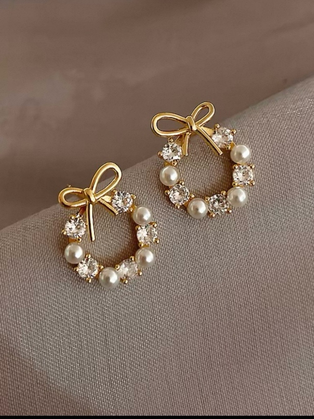 Gold Pearl & Crystal Bow Wreath Stud Earrings